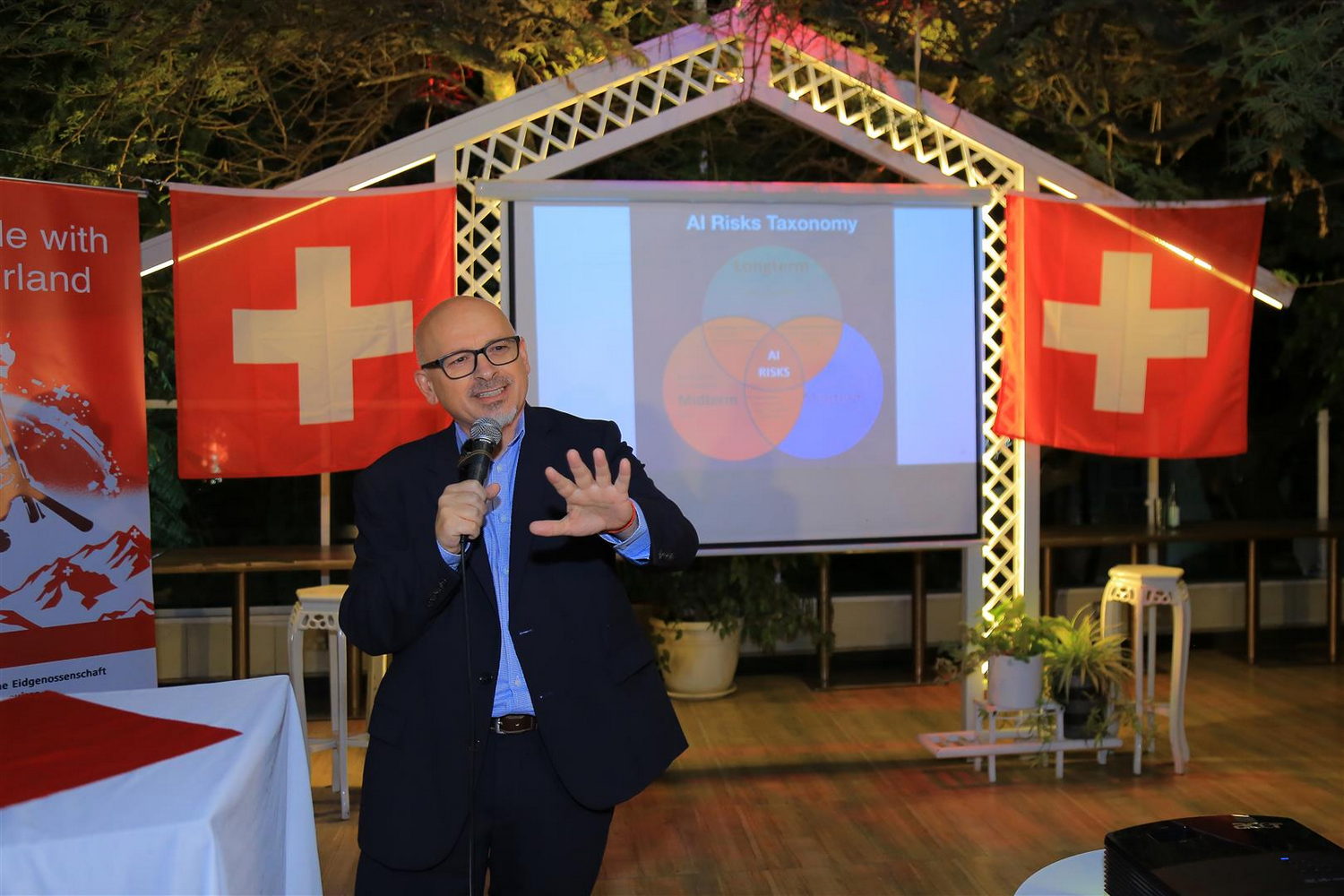  Adult, Male, Man, Person, Face, Head, Electrical Device, Microphone, Flag, Switzerland Flag, Accessories, Glasses, Plant